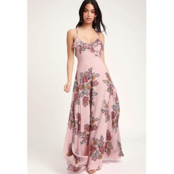 Lulus Roma Blush Floral Print Lace-Up Maxi Dress M - Picture 2 of 10